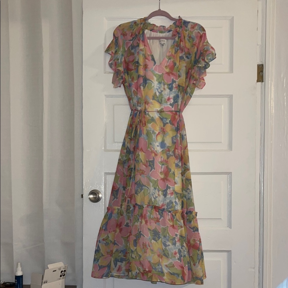 Lucy Paris Pink and Orange Flutter Sleeve Midi Dress